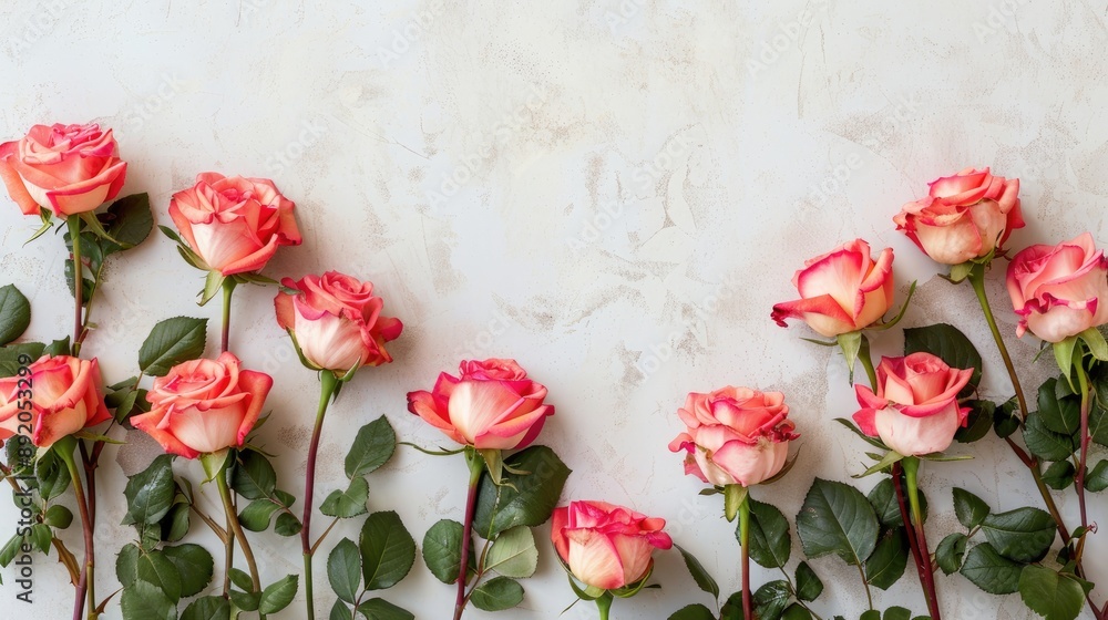 Wall mural pink roses on white surface with space for text aerial view