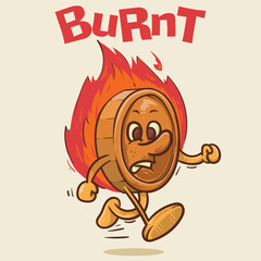 burnt money concept. shine coin mascot with face running on fire concept. vintage style money mascot cartoon character vector illustration