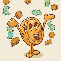money rain. shinny coin mascot in the middle of falling money concept. vintage style money mascot cartoon character vector illustration