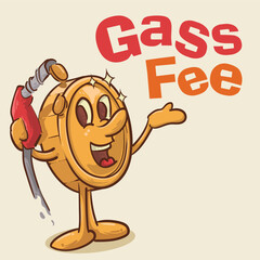 gass fee concept. shinny coin mascot  holding gass nozzle concept.vintage style money mascot cartoon character vector illustration