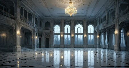 Obraz premium white ballroom mansion palace interior of building. marble flooring stone floors. baroque gothic art deco design with windows, curtains, and chandelier.