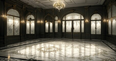 Obraz premium palace ballroom entrance doorway door lobby hallway in mansion building interior. black on white art nuevo art deco design and gothic style.