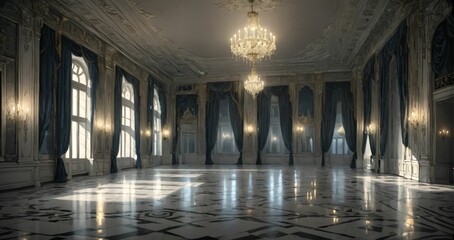 Obraz premium white ballroom mansion palace interior of building. marble flooring stone floors. baroque gothic art deco design with windows, curtains, and chandelier.