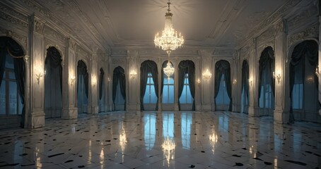 white ballroom mansion palace interior of building.  marble flooring stone floors. baroque gothic art deco design with windows, curtains, and chandelier.