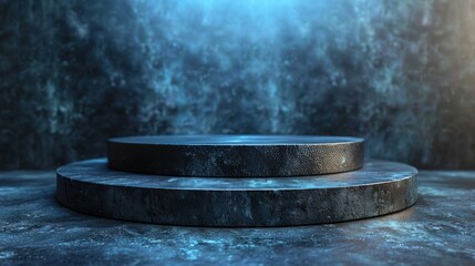 Black round podium on the table, background with copy space, gradient grey blue color.