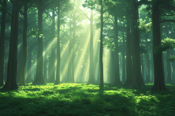 Obraz premium A dense forest with towering trees and sunlight streaming through the leaves
