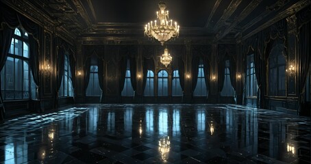 Obraz premium dark ballroom room interior of palace mansion gothic castle at night. elegant formal art deco decor and floral embellishments.