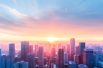 Obraz premium A panoramic view of a citys skyline at sunset