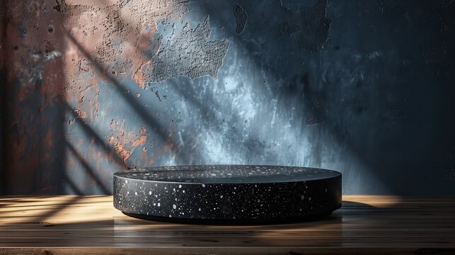Black round podium on the table, background with copy space, gradient grey blue color.