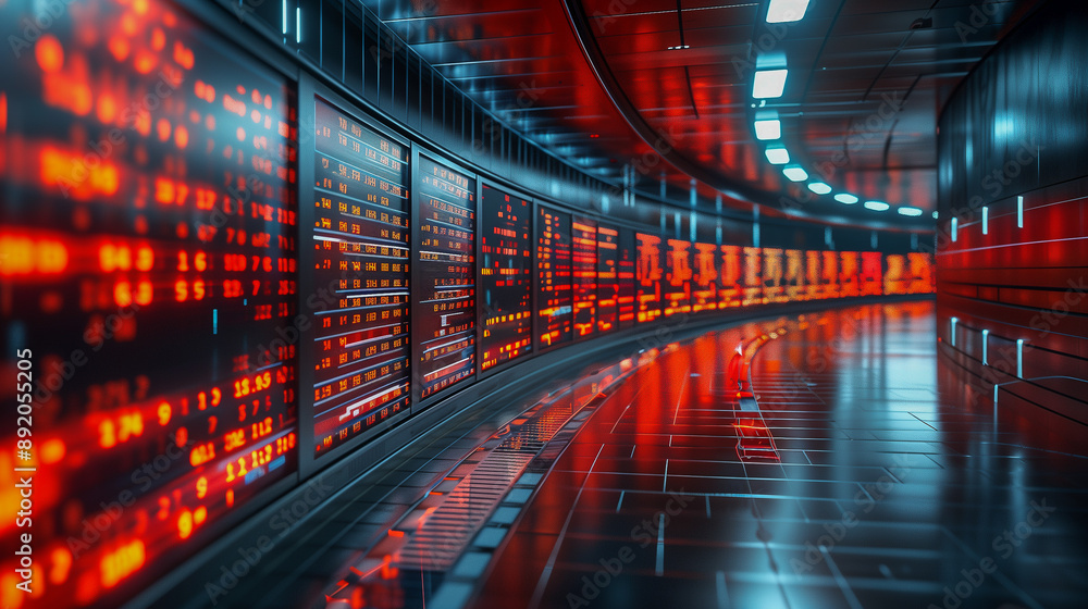 Poster futuristic corridor with red digital display panels..