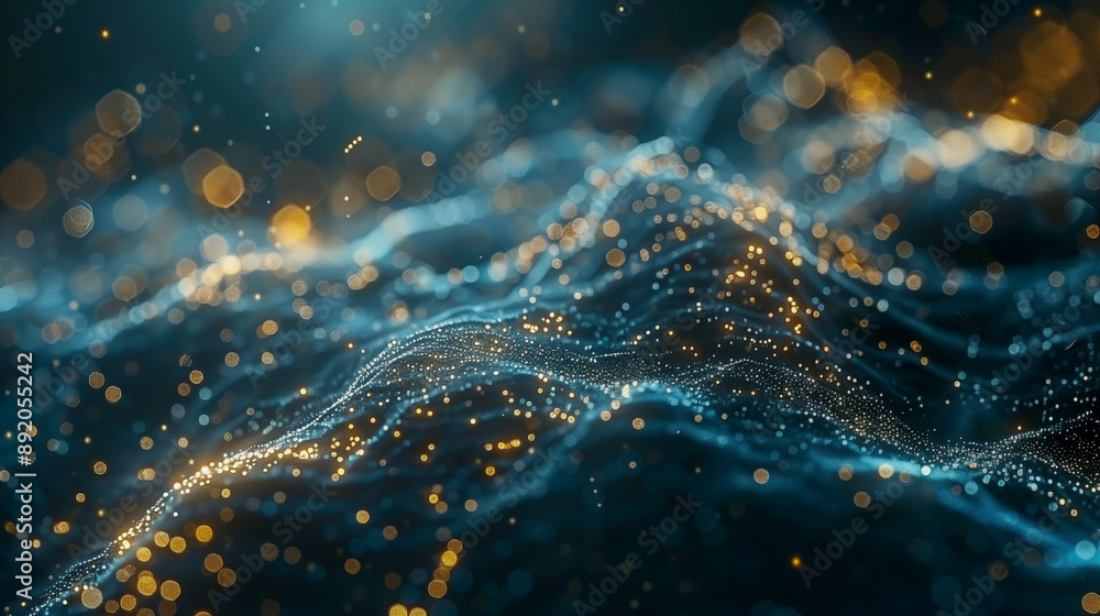 Poster abstract waves of light and particles in blue and gold..