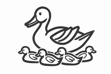 Obraz premium Waddling Outlines: Black Line Duck & Ducklings Icon