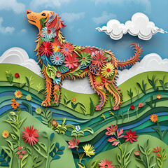 Obraz premium Whimsical Cutout Illustration of Playful Dog on Grass with Colorful Flowers Under a Blue Sky