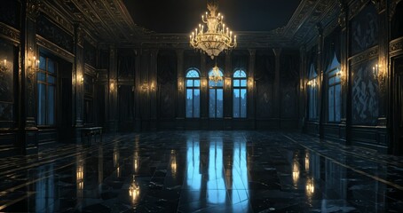 Obraz premium dark ballroom room interior of palace mansion gothic castle at night. elegant formal art deco decor and floral embellishments.
