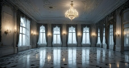 Obraz premium white ballroom mansion palace interior of building. marble flooring stone floors. baroque gothic art deco design with windows, curtains, and chandelier.