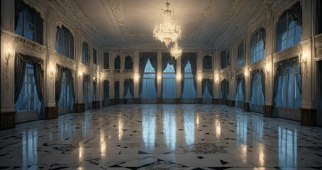 Obraz premium white ballroom mansion palace interior of building. marble flooring stone floors. baroque gothic art deco design with windows, curtains, and chandelier.