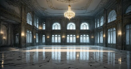 Obraz premium white ballroom mansion palace interior of building. marble flooring stone floors. baroque gothic art deco design with windows, curtains, and chandelier.