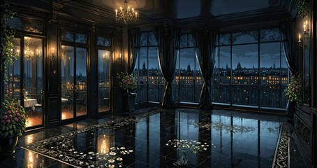 Obraz premium dark porch patio of mansion palace house interior with stone marble floor and city view on terrace through sliding glass doors. gothic design with gold ornamentals and patterns.