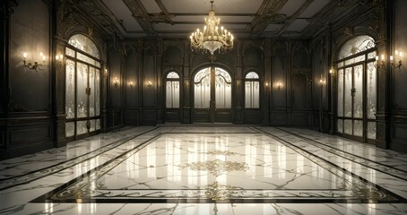 Obraz premium palace ballroom entrance doorway door lobby hallway in mansion building interior. black on white art nuevo art deco design and gothic style.