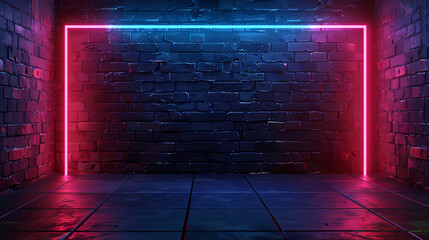 Glowing neon lights on dark brick wall background