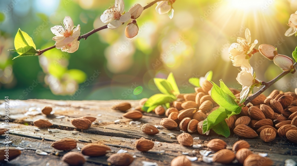 Poster almond nuts displayed on rustic table with almond tree branch in background