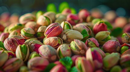 Close up of pistachios in their shells, background is a pile of shelled almond fruit.