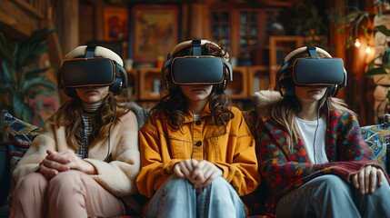 Fototapeta premium Three individuals seated on a couch wear virtual reality headsets, appearing engrossed in a digital experience. The cozy, eclectic background suggests a living room or social space.