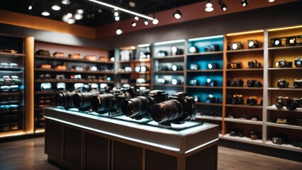 Camera shop display with DSLR cameras on counter