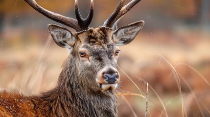 Fototapeta premium Red deer close up on a field