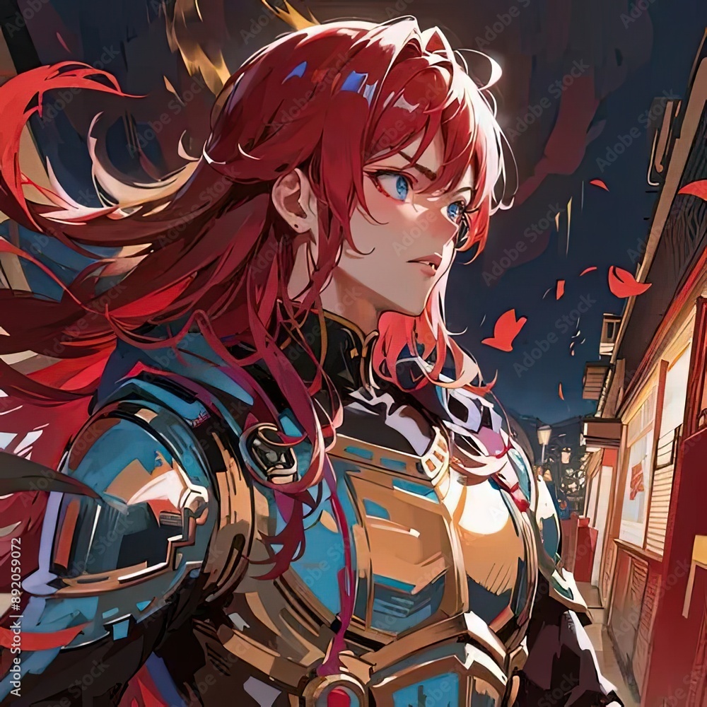 Sticker a woman with red hair and armor standing in front of a building