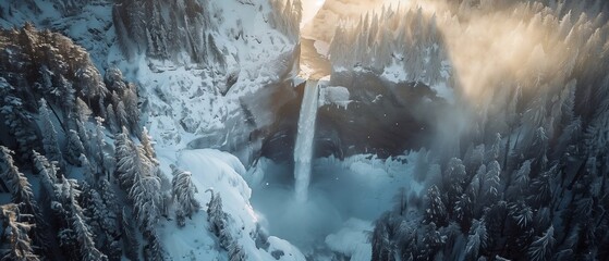 Majestic waterfall plunges down a snow-covered cliff, surrounded by a dense forest of snow-laden evergreen trees. The sunlight filters through the mist rising from the base of the falls.