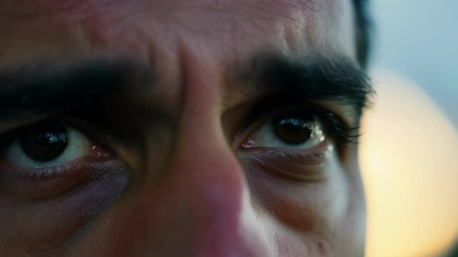 As the camera zooms in we see a mans eyes widen in shock as he hears soing in the distance breaking the eerie silence.