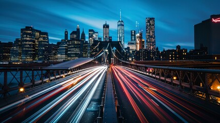 Fototapeta premium Long exposure shot of car light trails on the bridge with city skyline at blue hour in New York City 