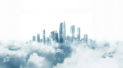 A breathtaking aerial view of a city skyline with skyscrapers reaching into the clouds, isolated on solid white background. 