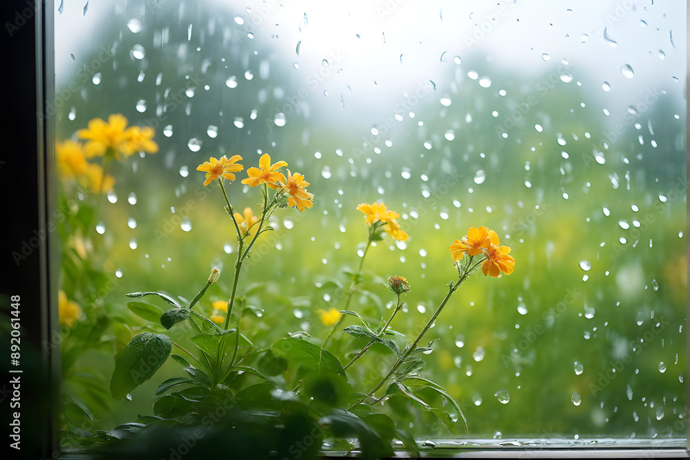 Wall mural spring background with rain drops on the window. natural texture concept