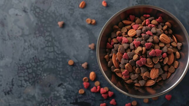 Dry pet food seen from above in a dish