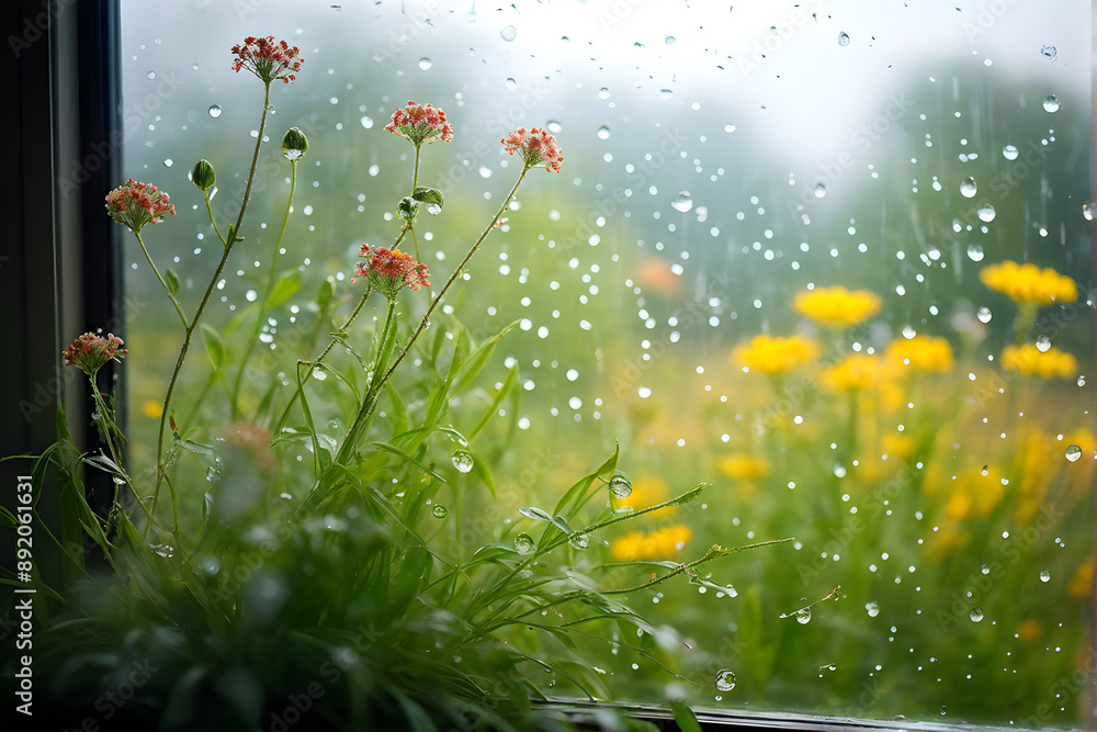 Wall mural spring background with rain drops on the window. natural texture concept