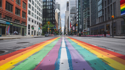 Rainbow pride crosswalk in empty city street symbolizing unity