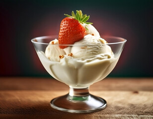 vanilla ice cream with strawberry topping on a bowl