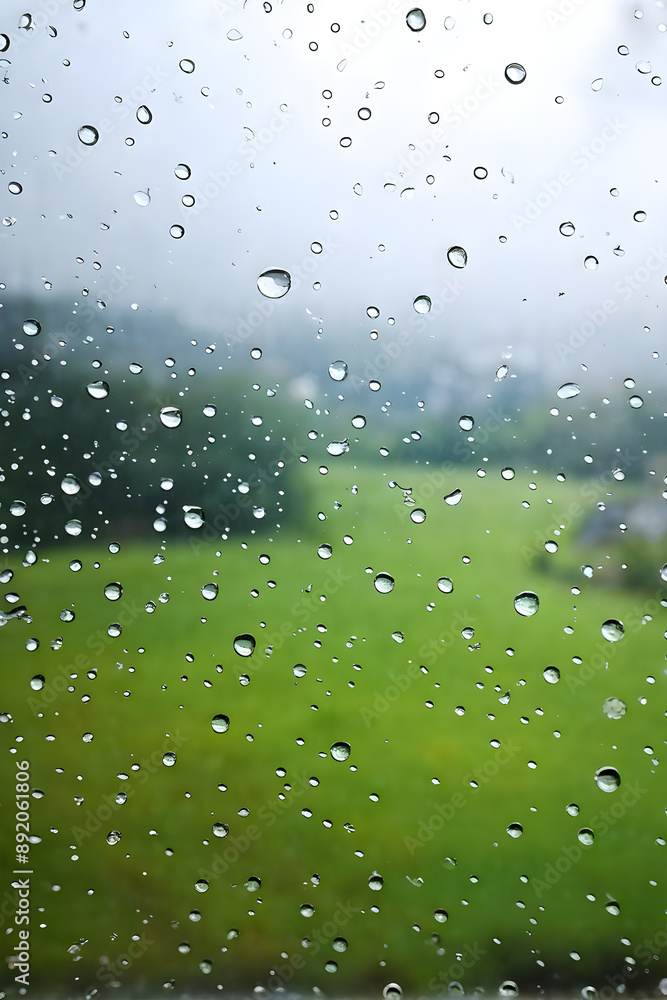 Wall mural spring background with rain drops on the window. natural texture concept