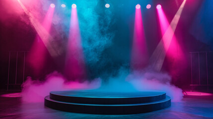 Surreal stage with pink and blue background and colorful spotlights