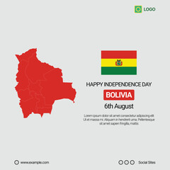Bolivia Independence Day Social Media Banner, Editable Vector Design with Map and Flag