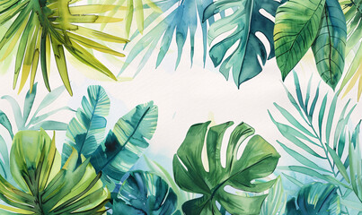 Green tropical leaves watercolor painting on white background, impressionist style