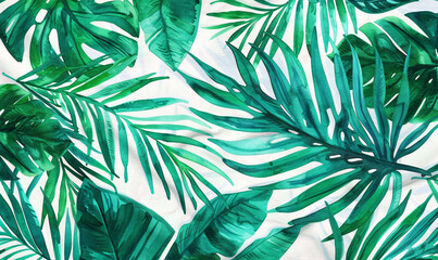 Watercolor painting of jungle green leaves on white background. Boho art