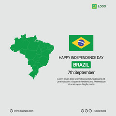 Brazil Independence Day Social Media Banner, Editable Vector Design with Map and Flag
