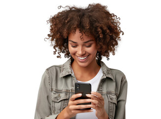 A portrait of a young African American black woman with curly hair looking at her mobile phone and smiling, isolated in a transparent background. Cut out or PNG.