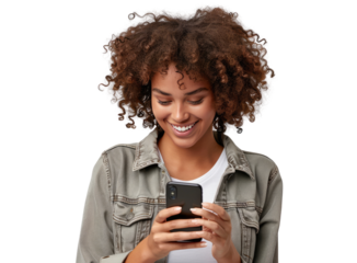 A portrait of a young African American black woman with curly hair looking at her mobile phone and smiling, isolated in a transparent background. Cut out or PNG.