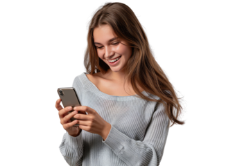 A portrait of a young Caucasian woman looking at her mobile phone and smiling, isolated in a transparent background. Cut out or PNG.