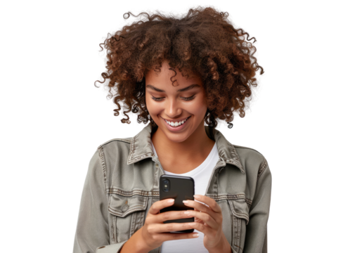 A portrait of a young African American black woman with curly hair looking at her mobile phone and smiling, isolated in a transparent background. Cut out or PNG.