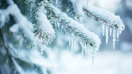 Close up of snow covered fir tree branches with icicles in winter forest Authentic winter spring backdrop
